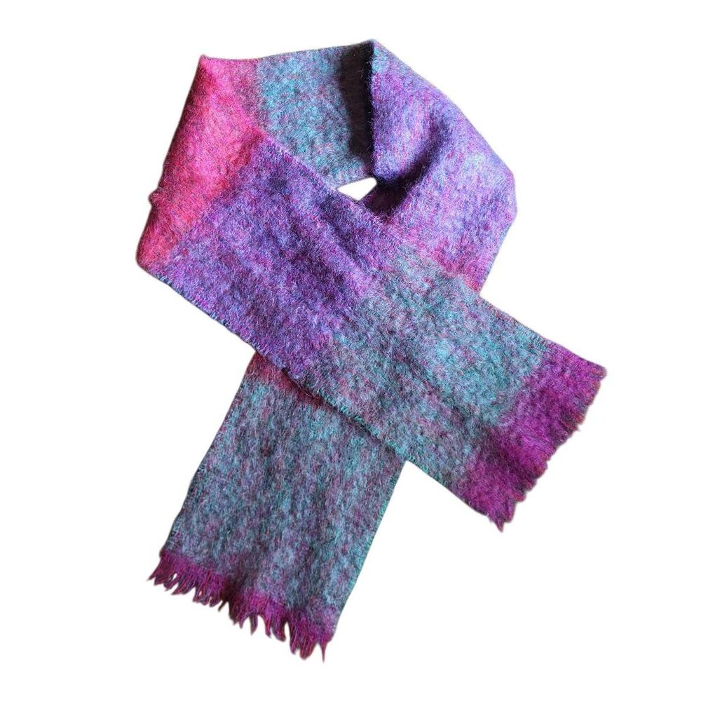 Donegal Design Scarf Purple Wool Mohair Fringe Colorblock Colorful Warm Cozy